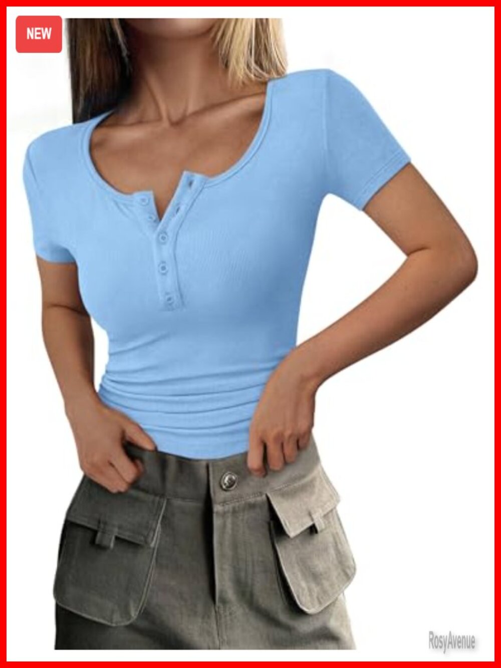 Women's Ribbed Knit Henley Short Sleeve Top Slim Fit Casual Summer Tee